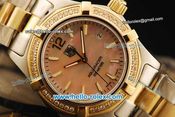 Tag Heuer Aquaracer Swiss ETA Quartz Movement Steel Case with Diamond Bezel and Orange MOP Dial - Click Image to Close